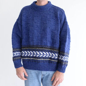 Handmade  Blue And White Aspen Warm Winter 100% Wool Knit Mock Neck Sweater